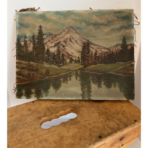 Vintage Distressed Charm Moody Mountain Landscape Oil Painting on Canvas 12"x16" - Picture 2 of 15